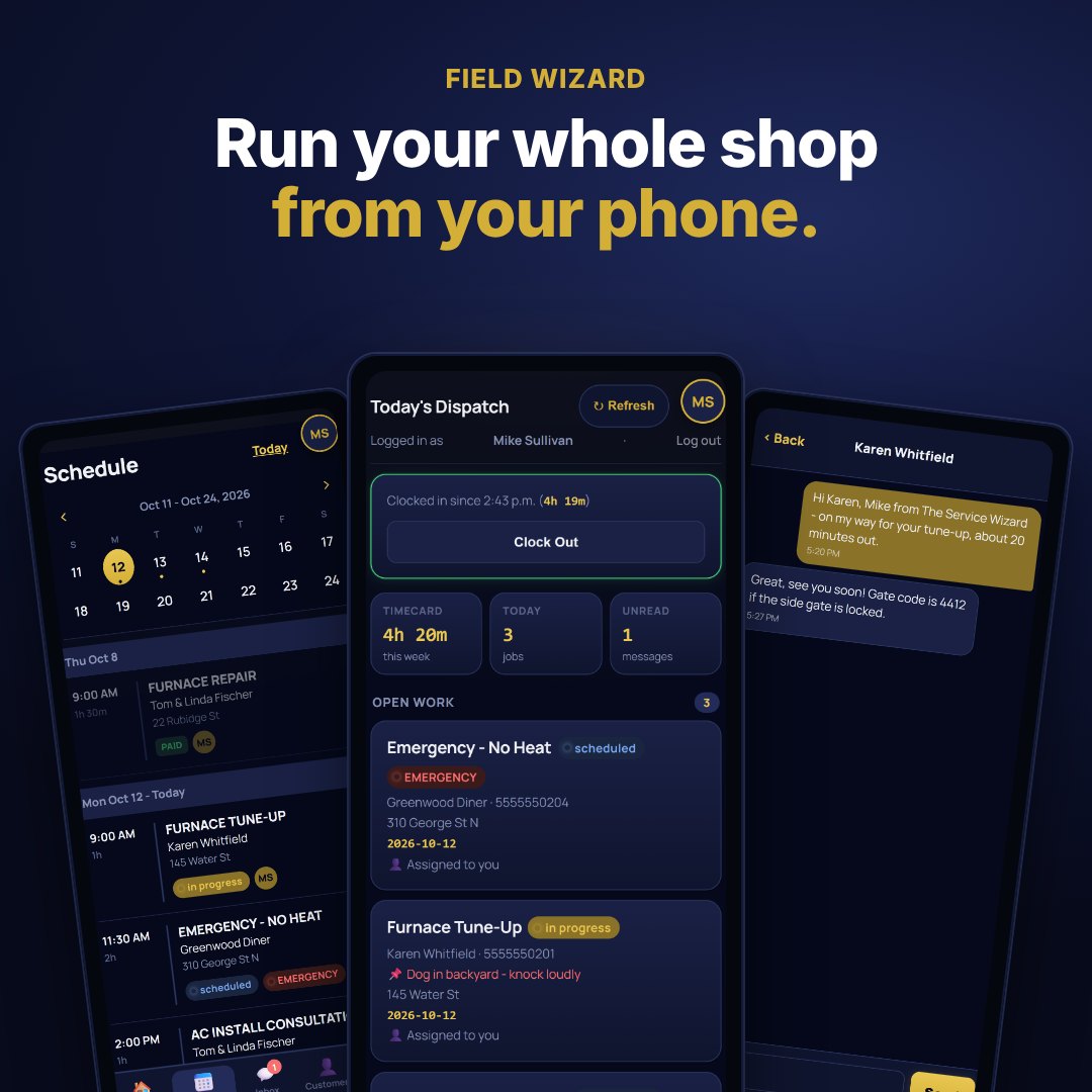 The Field Wizard tech app on a phone: today's dispatch, schedule and customer messages